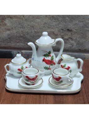 Vintage Lefton Miniature Porcelain 10 Piece Tea Set Red Cardinal Holly Leaf Patt